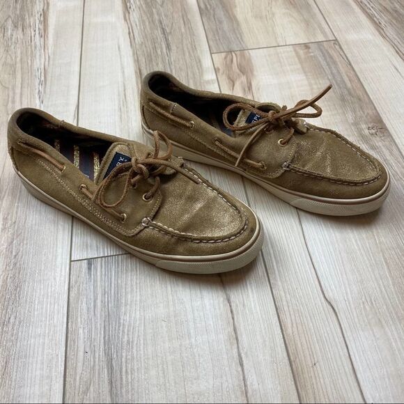 Sperry Top Slider Boat Tan Gold Metallic 9.5 - Picture 2 of 6